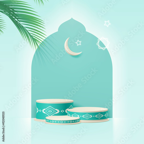 Islamic minimal cylinder podium with dates leaves, Crescent moon, and stars. Product presentation, show cosmetic product, Podium, base, display, stage pedestal or platform. 3d realistic podium vector