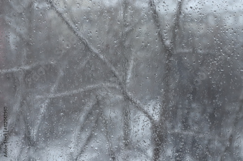 fogged window with a view of snow-covered trees