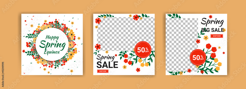 Spring equinox. Spring sale. Social media post template for digital marketing and sales promotion on spring holidays.