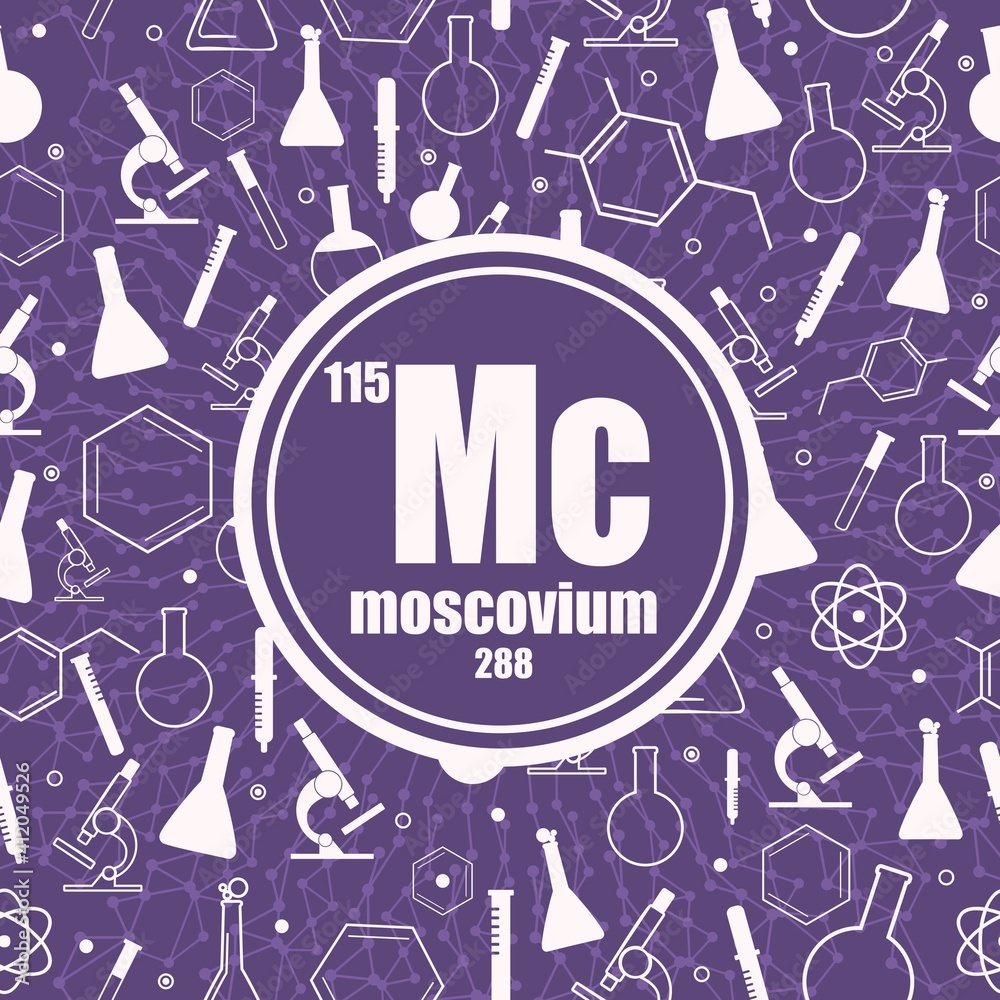 Moscovium chemical element. Sign with atomic number and atomic weight. Chemical element of periodic table. Connected lines with dots. Circle frame with icons.