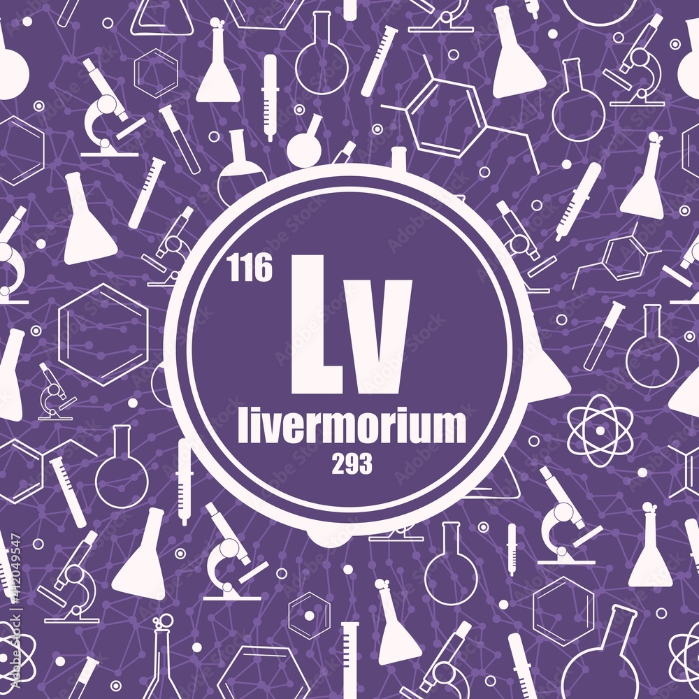 Livermorium chemical element. Sign with atomic number and atomic weight. Chemical element of periodic table. Connected lines with dots. Circle frame with icons.