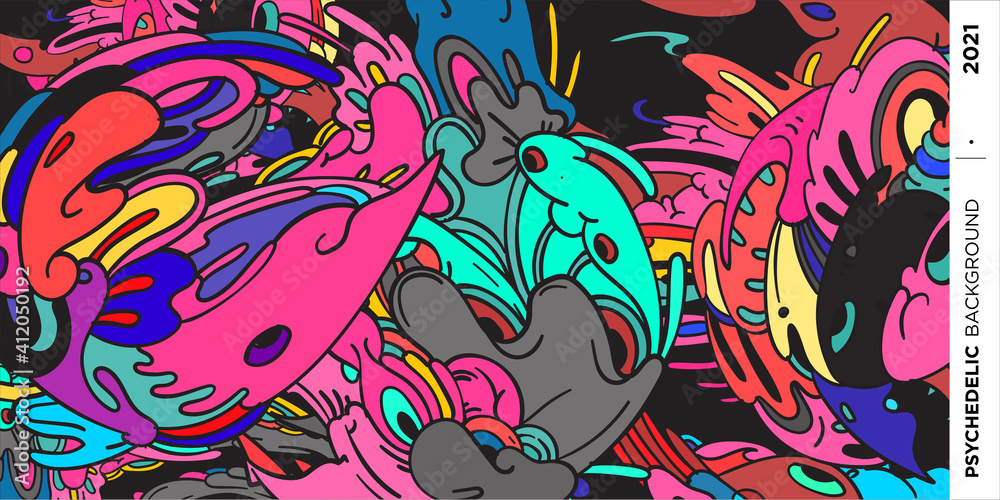 Psychedelic colorful vector hand drawn doodle illustration background for poster and banner