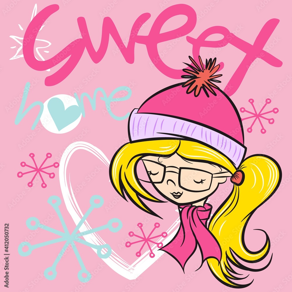 Illustration vector cute girl with text and background for fashion design Illustration vector cute girl with text and background for fashion design