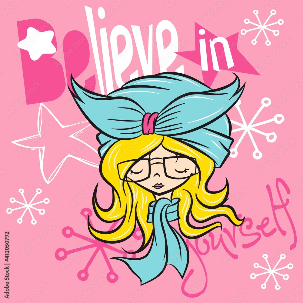 Illustration vector cute girl with text and background for fashion design Illustration vector cute girl with text and background for fashion design