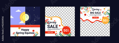 Spring equinox. Spring sale. Social media post template for digital marketing and sales promotion on spring holidays.