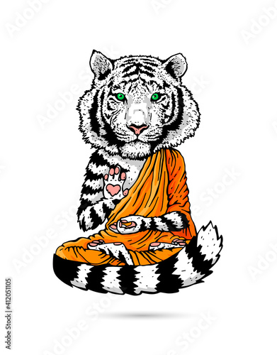 White Tiger - Buddha - Monk. Buddhist in an orange robe. A tiger in a lotus position soars above the ground.