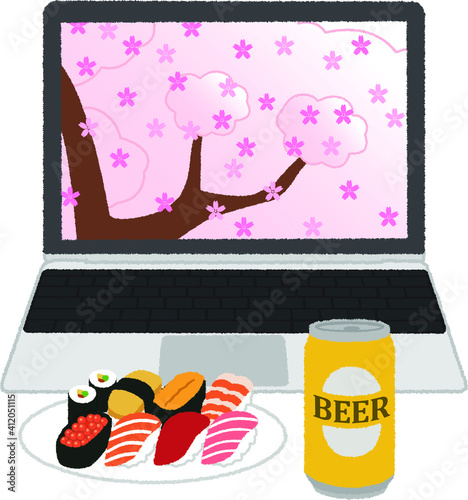 オンラインお花見のイラスト