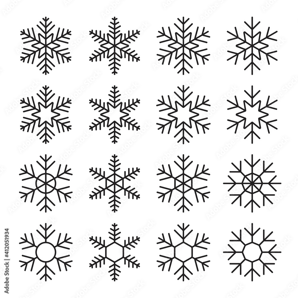 Icon set of snowflake. Icons in line style. Winter flat vector elements. Icon set of snowflake. Icons in line style. Winter flat vector elements.