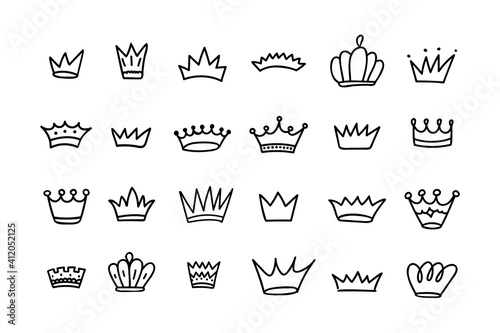 Crown doodle vector set isolated on white background