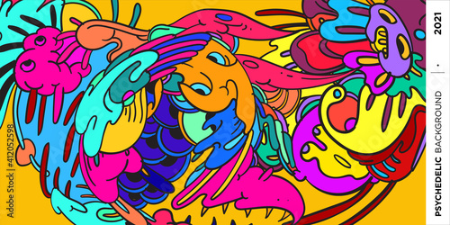 Psychedelic colorful vector hand drawn doodle illustration background for poster and banner