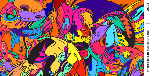 Psychedelic colorful vector hand drawn doodle illustration background for poster and banner