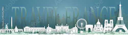 Traveling France landmarks of world with city background.