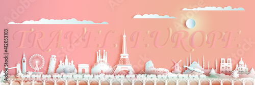 Traveling Europe landmarks of world with train.
