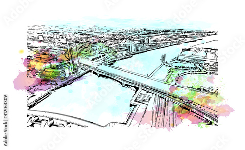 Building view with landmark of Belfast is the
capital of Northern Ireland. Watercolor splash with hand drawn sketch illustration in vector.