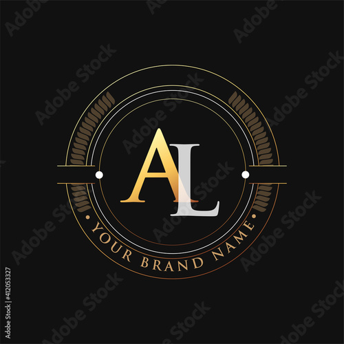 initial letter logo AL gold and white color, with stamp and circle object, Vector logo design template elements for your business or company identity.