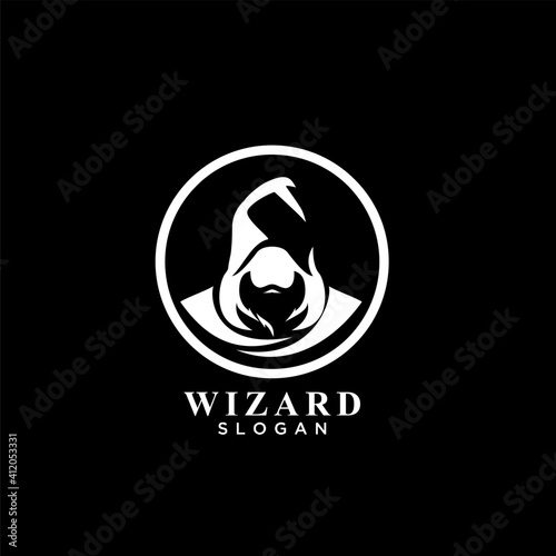 Wizard esport logo concept old man head face with hat on the circle vector illustration design isolated background