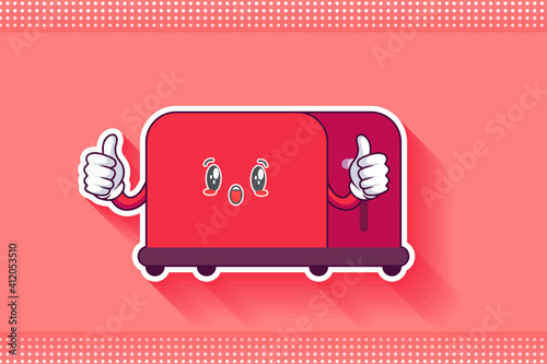 WOW, SURPRISED, AMAZED, DISMAY Face Emotion. Double Thumb Up Finger Hand Gesture. Toaster Cartoon Drawing Mascot Illustration.