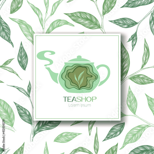Vector illustration with green hand drawn tea leaves pattern and teapot logo isolated on white background. Natural organic design for print, brochure, card, wallpaper, packaging