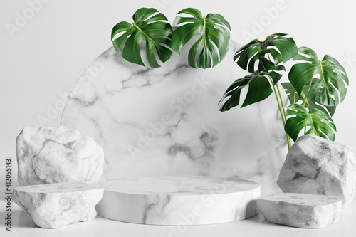 Blank marble product stand with tropical plants. 3d rendering