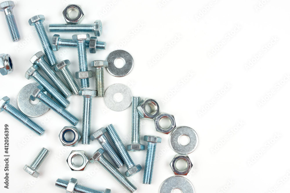 bolts and nuts in silver metal on white background