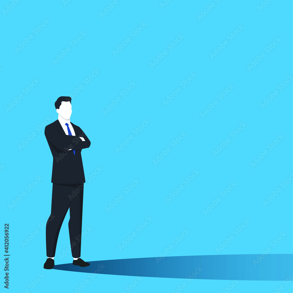 Standing arms crossed businessman in simple trendy color flat style on blue background. Business and finance concept background with empty space for your text. Designed vector illustration. Standing arms crossed businessman in simple trendy color flat style on blue background. Business and finance concept background with empty space for your text. Designed vector illustration.