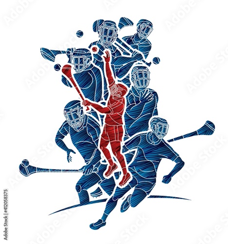 Irish Hurley Sport. Group of Hurling Sport Players Action.  Cartoon Graphic Vector.	
