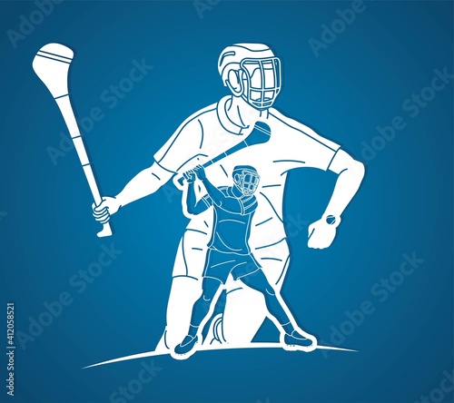 Irish Hurley Sport. Group of Hurling Sport Players Action.  Cartoon Graphic Vector.	