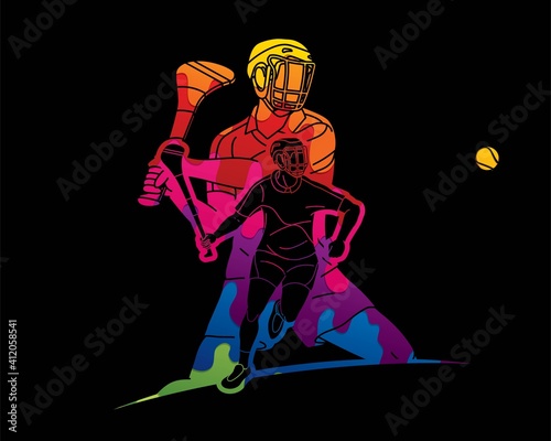 Irish Hurley Sport. Group of Hurling Sport Players Action.  Cartoon Graphic Vector.	