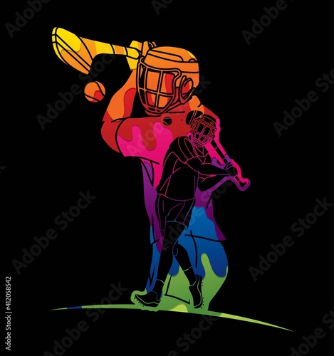 Irish Hurley Sport. Group of Hurling Sport Players Action.  Cartoon Graphic Vector.	