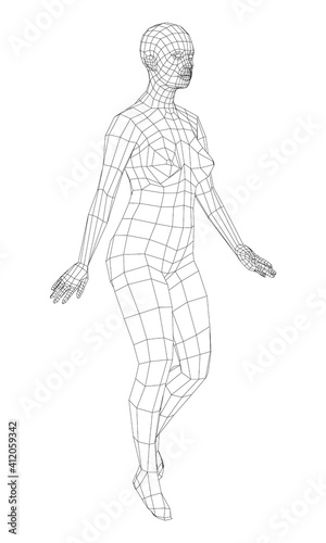 Wireframe walking woman. Vector