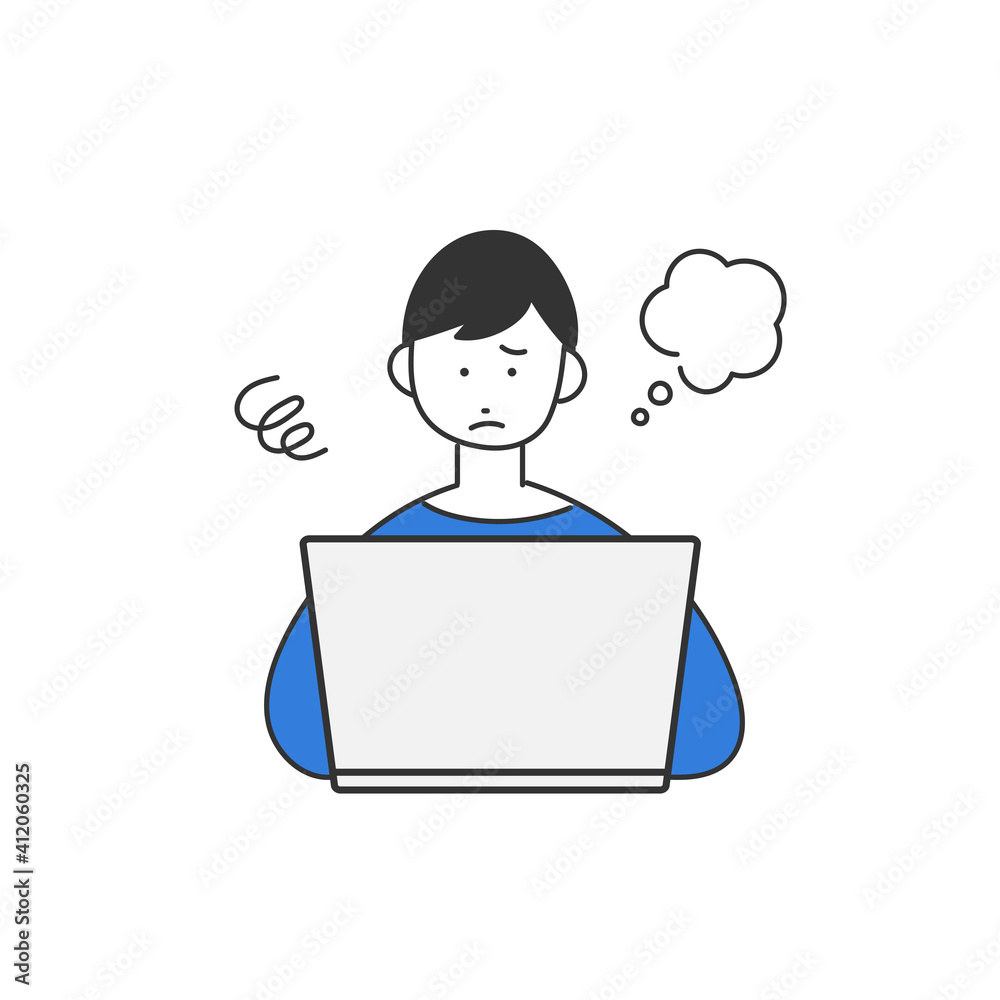 パソコン操作で悩む男性のイラスト素材 パソコン操作で悩む男性のイラスト素材