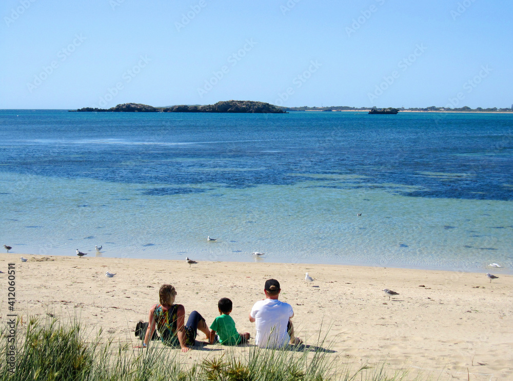 family at beach, holiday, vocation concept in Penguin Island, Rockingham, Western Australia family at beach, holiday, vocation concept in Penguin Island, Rockingham, Western Australia