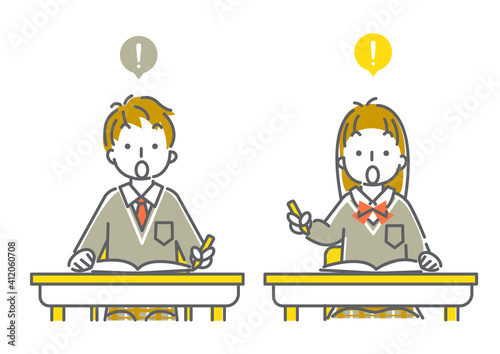 勉強中に驚く高校生の線画イラスト素材　男女セット