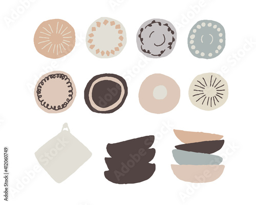 シンプルカラーの北欧風食器の手書きイラスト　Handwritten illustration of simple color Scandinavian tableware