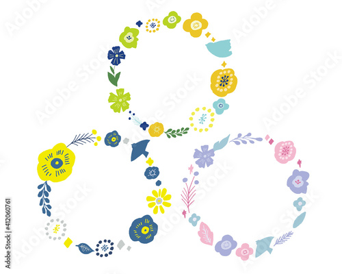 北欧風花のイラストのリースフレーム　Scandinavian flower illustration wreath frame