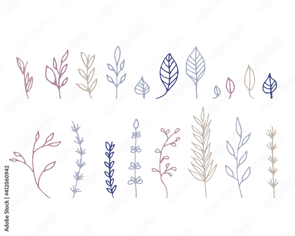 線画タッチの草木と花のイラスト　Illustration of plants and flowers with a line art touch