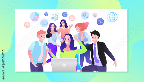 Video conference and online meeting workspace concept vector illustration. A man working with his team on the internet. Work from home idea. 