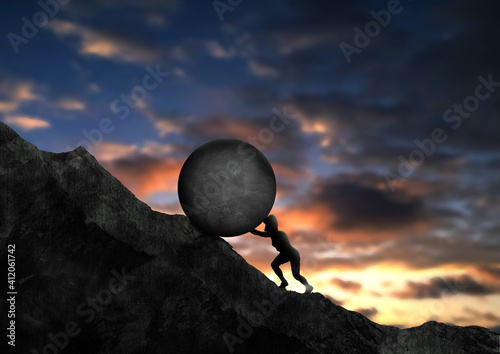 Fotografia Woman pushing big rock uphill. Sisyphus businesswoman concept