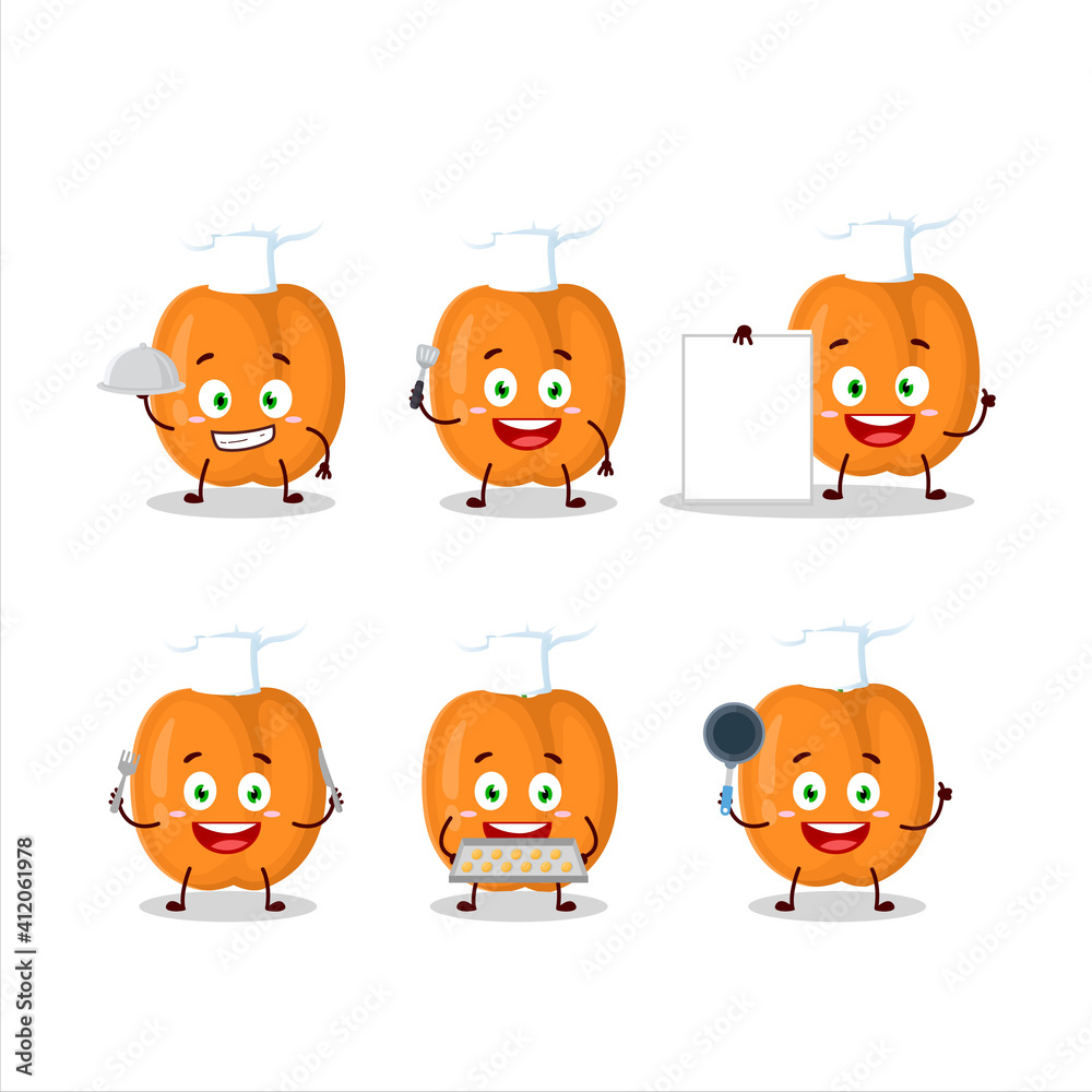 Cartoon character of apricot with various chef emoticons