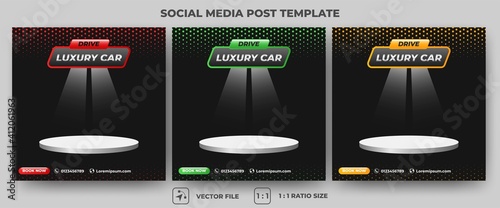 Set of Editable square banner template. Car rental banner with red, green, and orange color. Flat design vector with a stage for place photo. Usable for social media, banners, and web ads.
