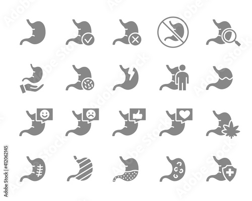 Set of human stomach grey icon. Healthy internal organ, gastrointestinal tract illness, diagnosis, treatment symbol