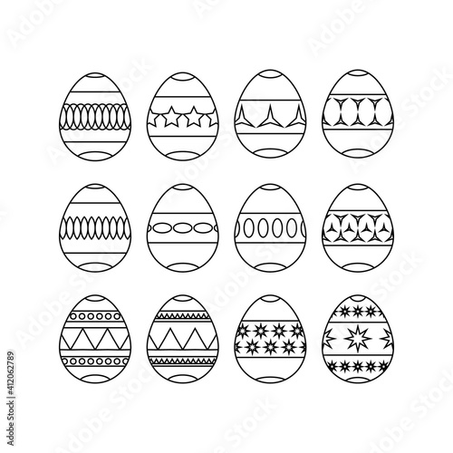 Vector Easter eggs icons set with ornament made from tine lines. Black egg icons with ornament for Easter holidays design isolated on white background.  Vector illustration