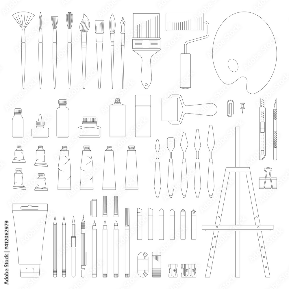 Art tools. Thin line isolated icon set. Black and white flat vector illustration. Art tools. Thin line isolated icon set. Black and white flat vector illustration.