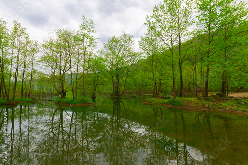 There are simple camping and picnic areas on the shore of this nature-view lake surrounded by Erikli plateau, Dipsiz Lake, forest. photo