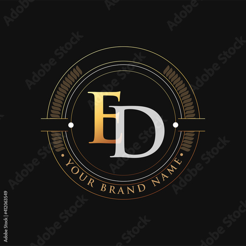 initial letter logo ED gold and white color, with stamp and circle object, Vector logo design template elements for your business or company identity.