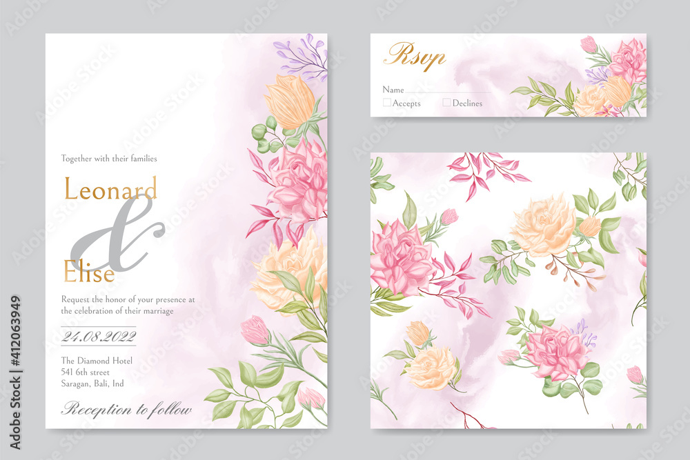 Elegant wedding invitation card template set with seamless pattern floral bundle