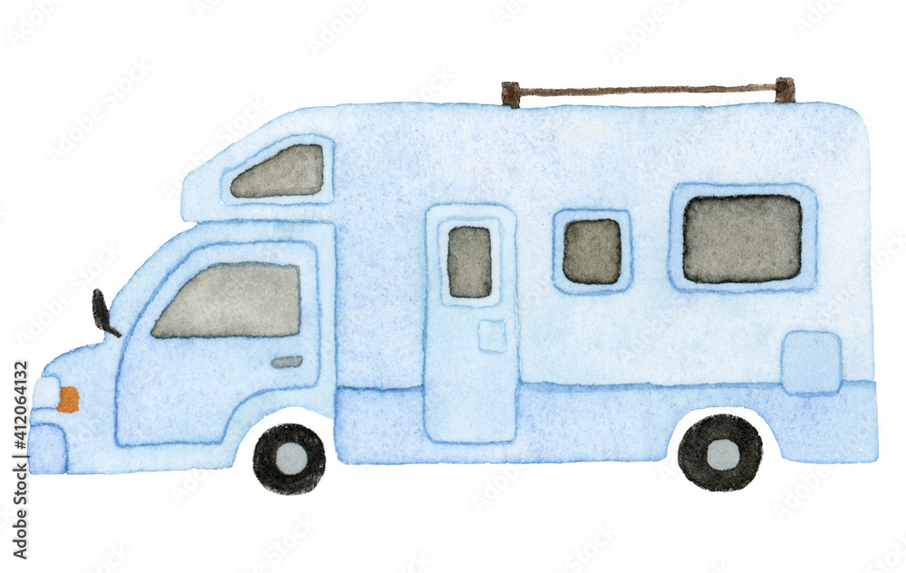 Hand drawn watercolor camping car. isolated on white background.