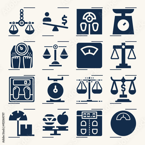 Simple set of weighing machine related filled icons.