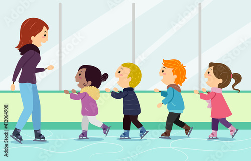 Stickman Kids Ice Skating Lesson Illustration