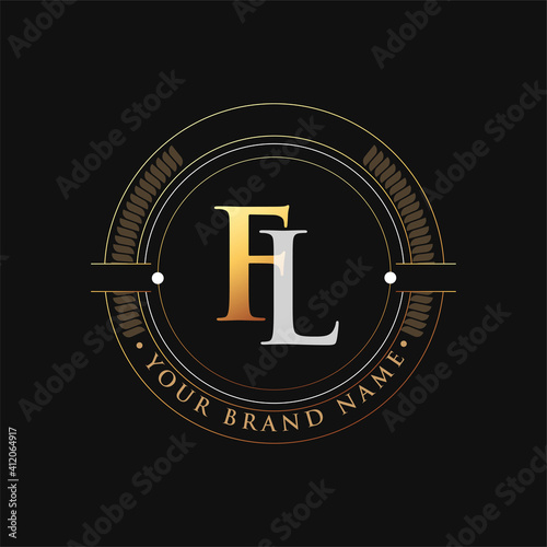 initial letter logo FL gold and white color, with stamp and circle object, Vector logo design template elements for your business or company identity.